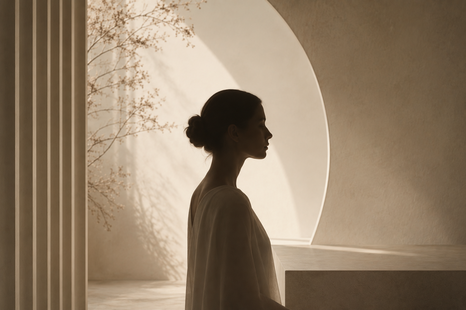 Composed female silhouette in contemplative light